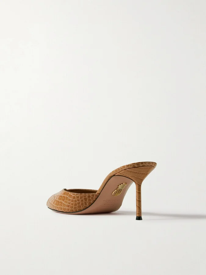 Aquazzura - + Alex Rivière 85 Croc-effect Leather Mules - Brown - Image 3