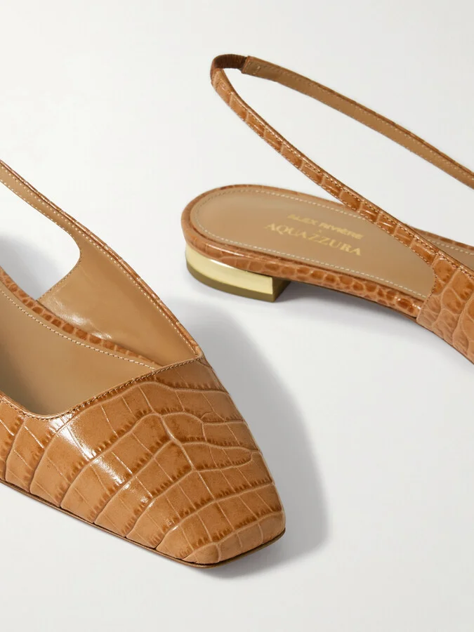 Aquazzura - + Alex Rivière Croc-effect Leather Slingback Flats - Brown - Image 4