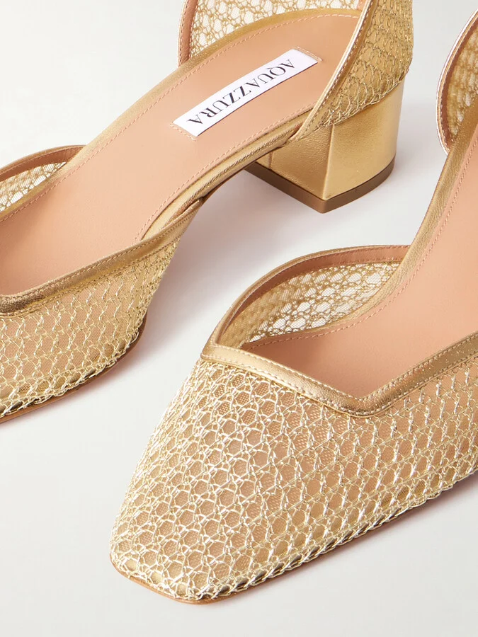 Aquazzura - Asha 35 Leather-trimmed Metallic Mesh Pumps - Gold - Image 4