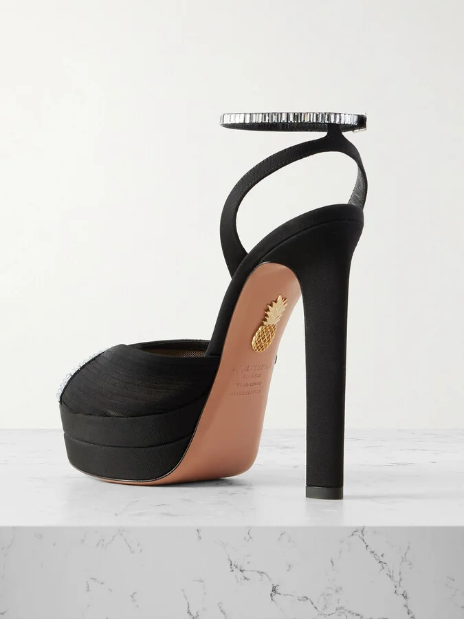Aquazzura - Be Mine Plateau 130 Crystal-embellished Grosgrain-trimmed Pleated Chiffon Platform Sandals - Black - Image 3