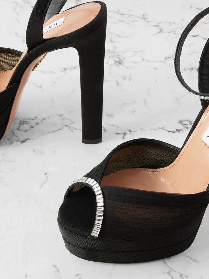 Aquazzura - Be Mine Plateau 130 Crystal-embellished Grosgrain-trimmed Pleated Chiffon Platform Sandals - Black - Image 4
