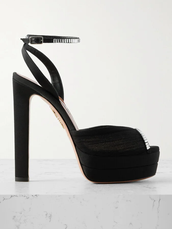 Aquazzura - Be Mine Plateau 130 Crystal-embellished Grosgrain-trimmed Pleated Chiffon Platform Sandals - Black