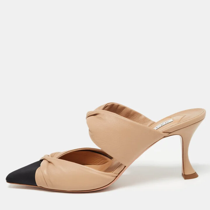Aquazzura Beige/Black Leather and Grosgrain Twist Puffy Mules Size 41