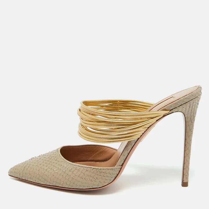 Aquazzura Beige/Gold Snakeskin Embossed Leather Rendez Vous Mules Size 38.5