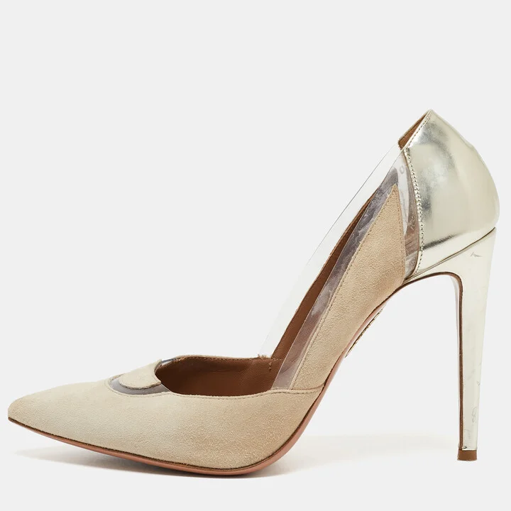 Aquazzura Beige/Gold Suede Leather and PVC Pointed Toe Pumps Size 40