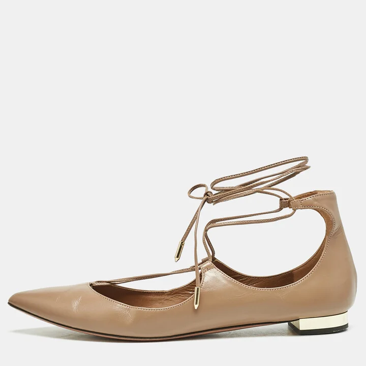 Aquazzura Beige Leather Christy Ankle Wrap Ballet Flats Size 40