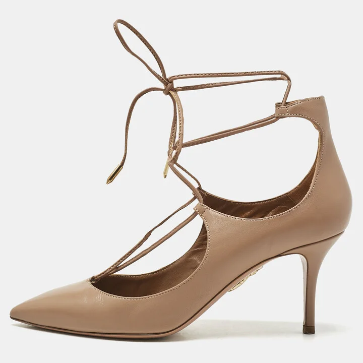 Aquazzura Beige Leather Christy Lace Ankle Wrap Pumps Size 37.5