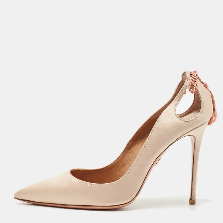Aquazzura Beige Satin Forever Marilyn Cut Out Tassel Detail Pumps Size 39