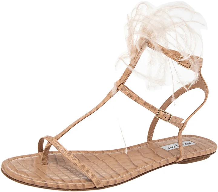 Aquazzura Beige Snake Embossed Leather Feather Trimmed T- Strap Sandals Size 39