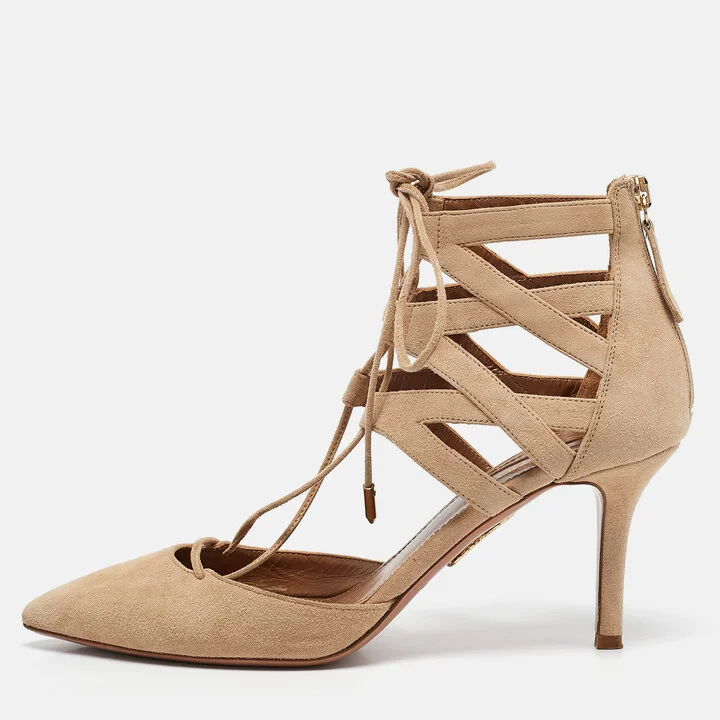 Aquazzura Beige Suede Belgravia Lace Up Pointed Toe Pumps 37.5