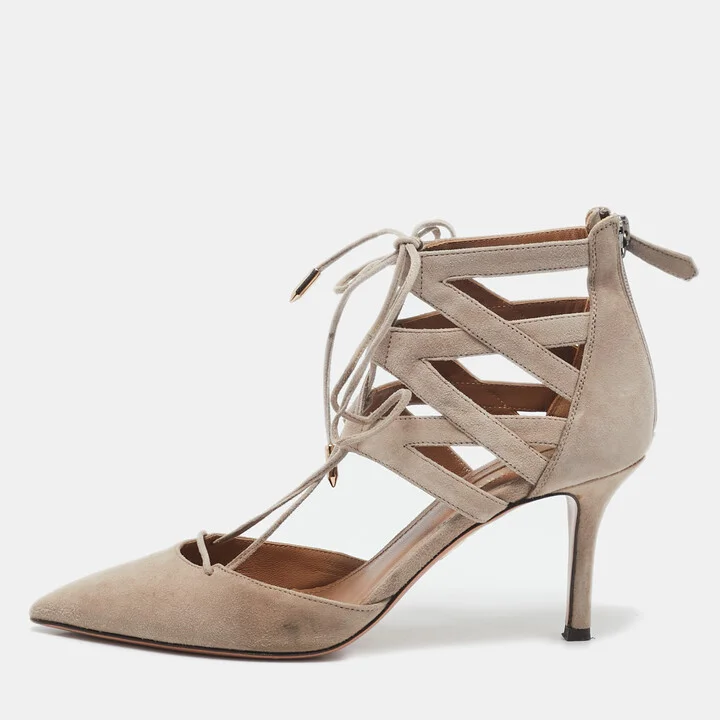 Aquazzura Beige Suede Belgravia Lace Up Pointed Toe Pumps 37.5