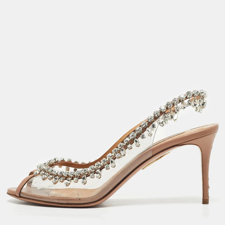Aquazzura Beige/Transparent PVC And Leather Temptation Crystal Pumps Size 39.5