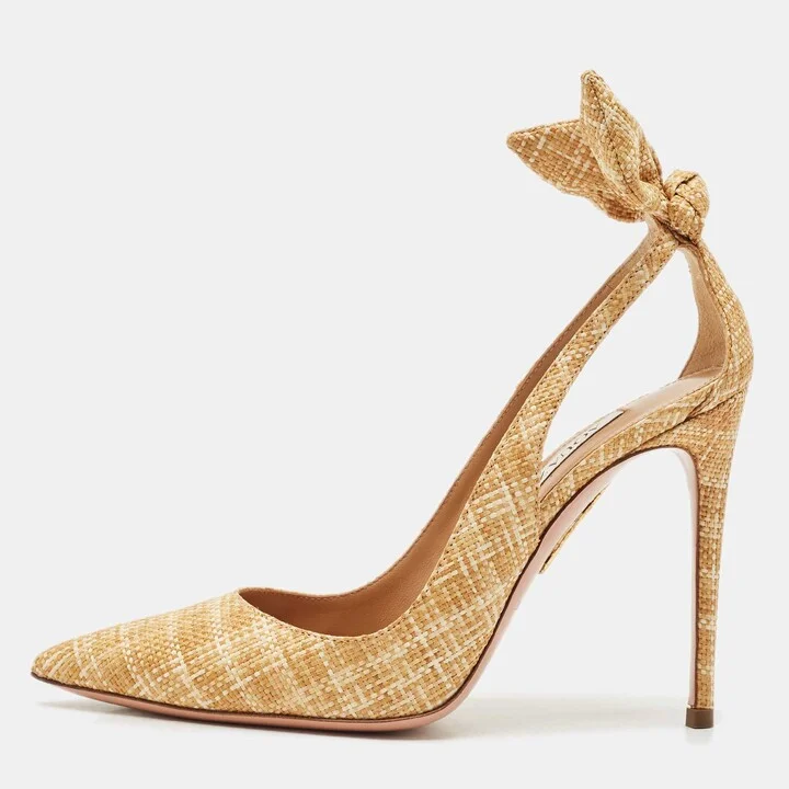 Aquazzura Beige Woven Raffia Bow Tie Pumps Size 35