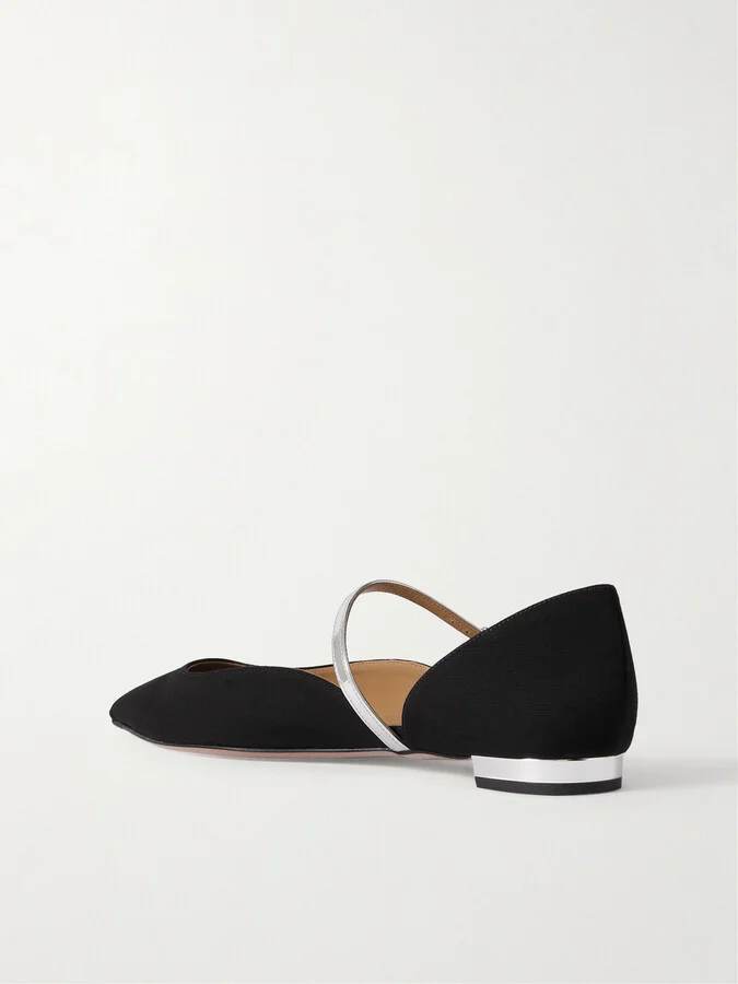 Aquazzura - Bellezza Metallic Faux Leather-trimmed Grosgrain Flats - Black - Image 3