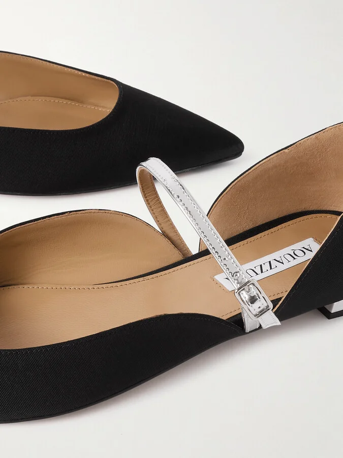 Aquazzura - Bellezza Metallic Faux Leather-trimmed Grosgrain Flats - Black - Image 4