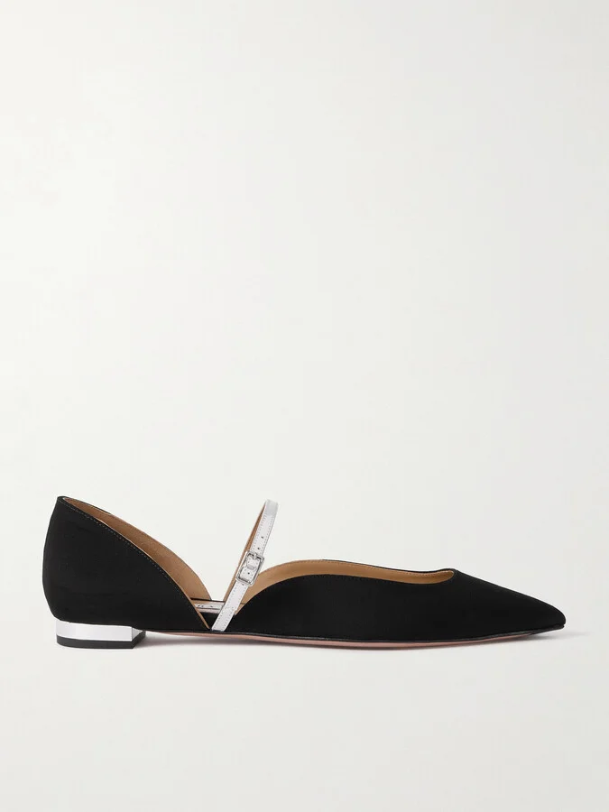 Aquazzura - Bellezza Metallic Faux Leather-trimmed Grosgrain Flats - Black