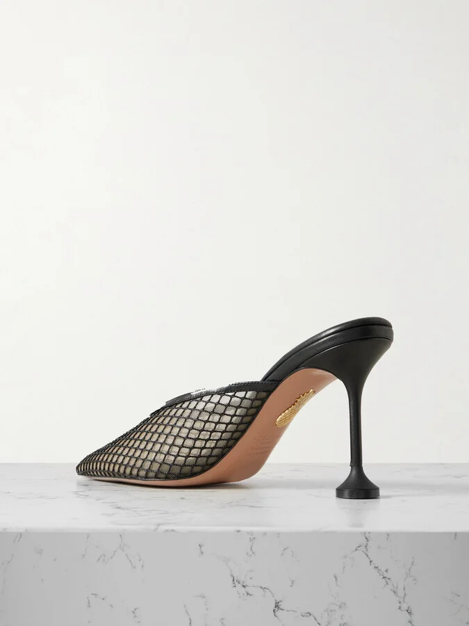 Aquazzura - Bisous 85 Leather-trimmed Mesh Point-toe Mules - Black - Image 3