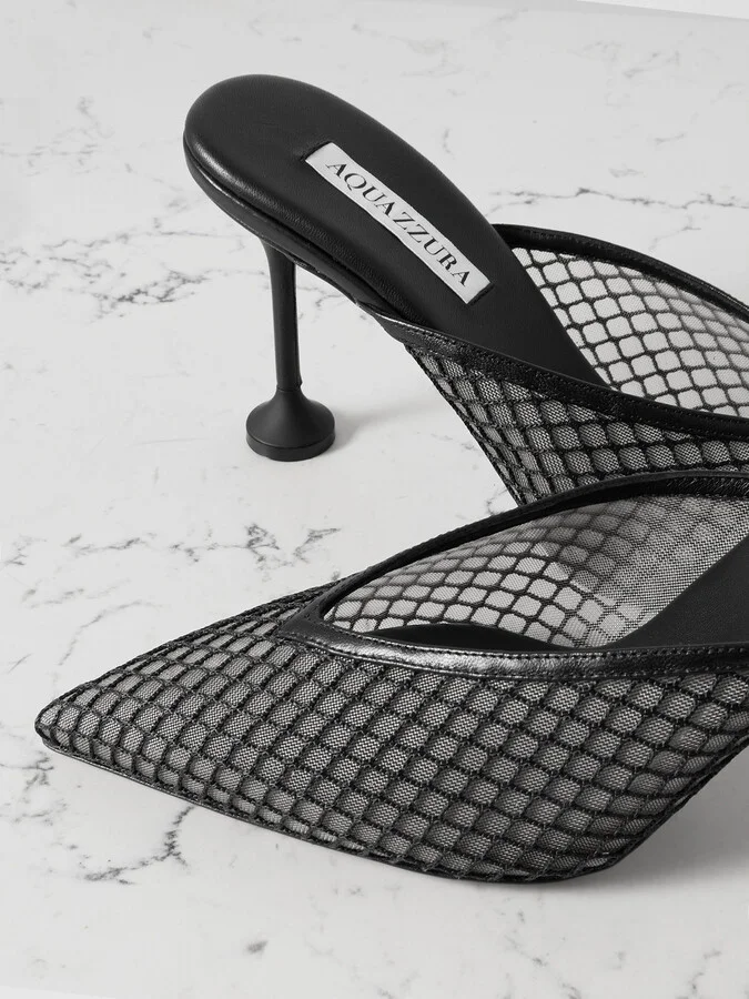 Aquazzura - Bisous 85 Leather-trimmed Mesh Point-toe Mules - Black - Image 4