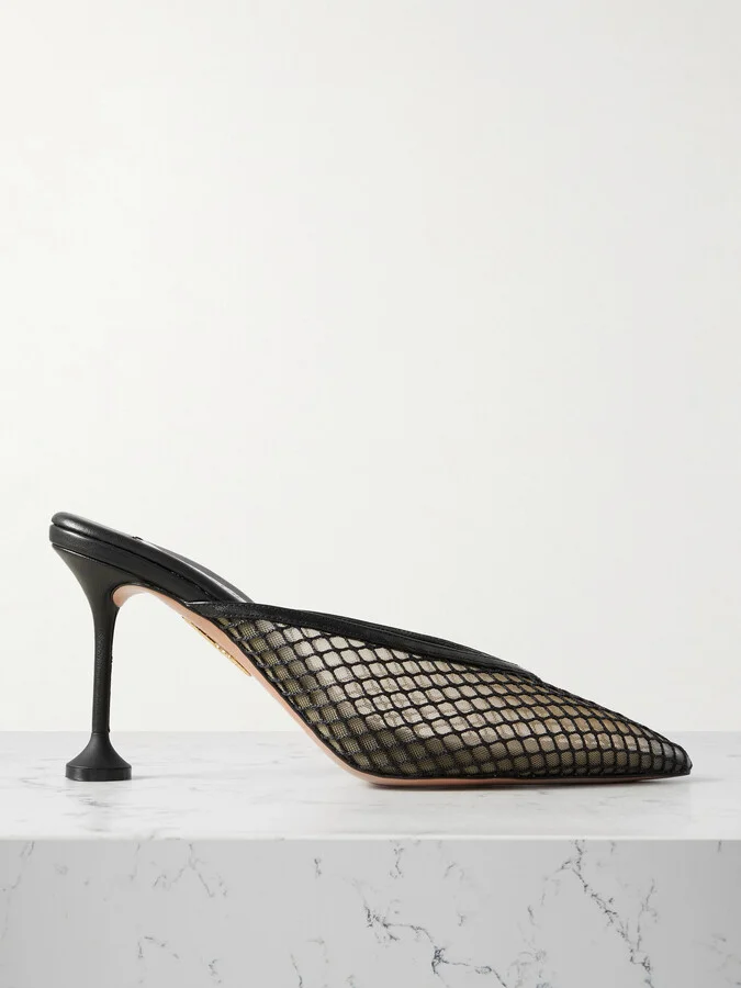 Aquazzura - Bisous 85 Leather-trimmed Mesh Point-toe Mules - Black