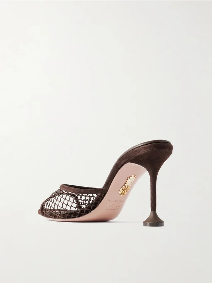 Aquazzura - Bisous 85 Suede-trimmed Fishnet Mules - Brown - Image 3