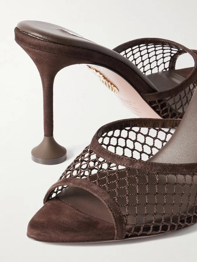 Aquazzura - Bisous 85 Suede-trimmed Fishnet Mules - Brown - Image 4