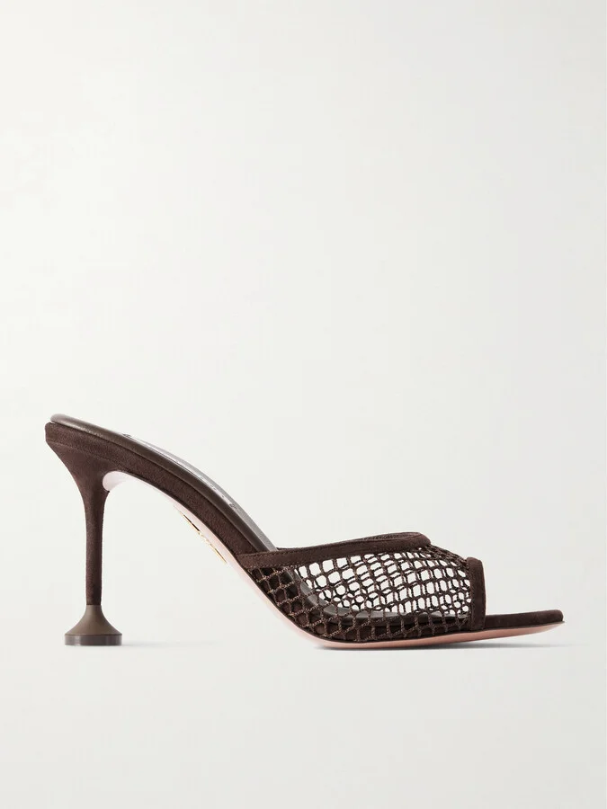 Aquazzura - Bisous 85 Suede-trimmed Fishnet Mules - Brown