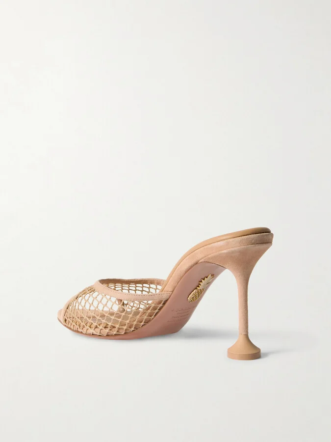 Aquazzura - Bisous 85 Suede-trimmed Fishnet Mules - Neutrals - Image 3