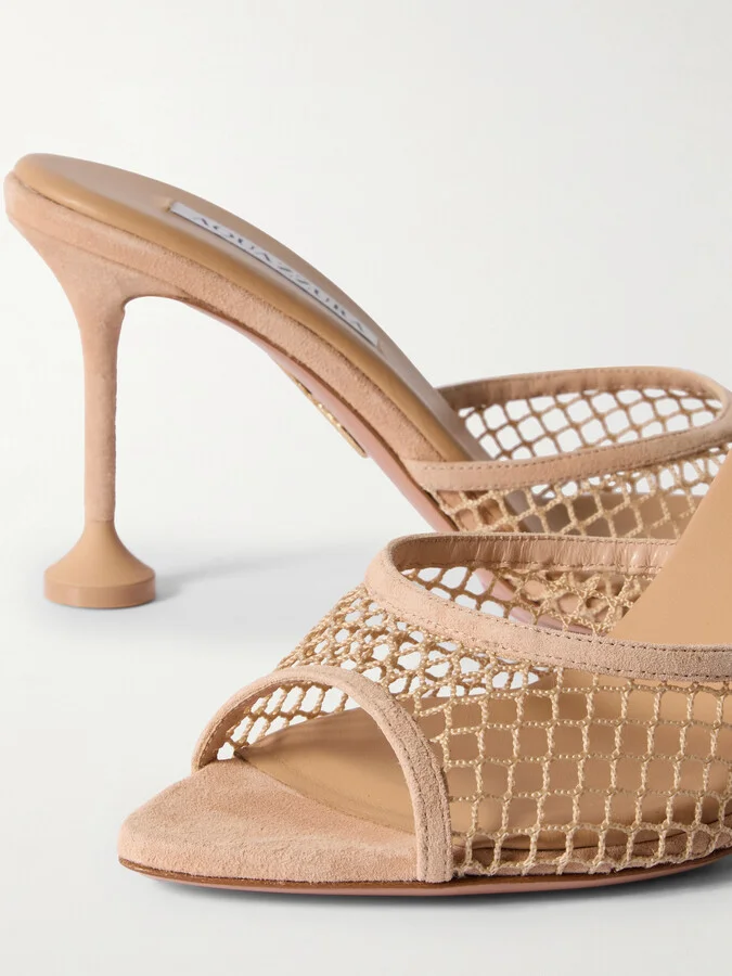 Aquazzura - Bisous 85 Suede-trimmed Fishnet Mules - Neutrals - Image 4