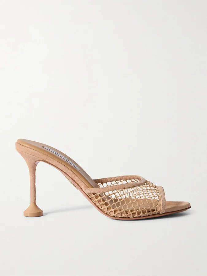 Aquazzura - Bisous 85 Suede-trimmed Fishnet Mules - Neutrals
