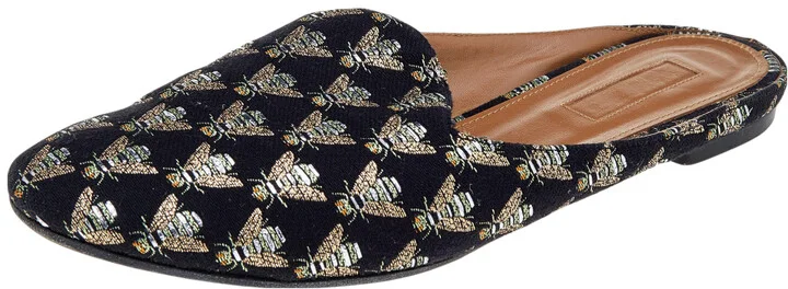 Aquazzura Black Bee Embroidered Fabric Flat Mules Size 39.5