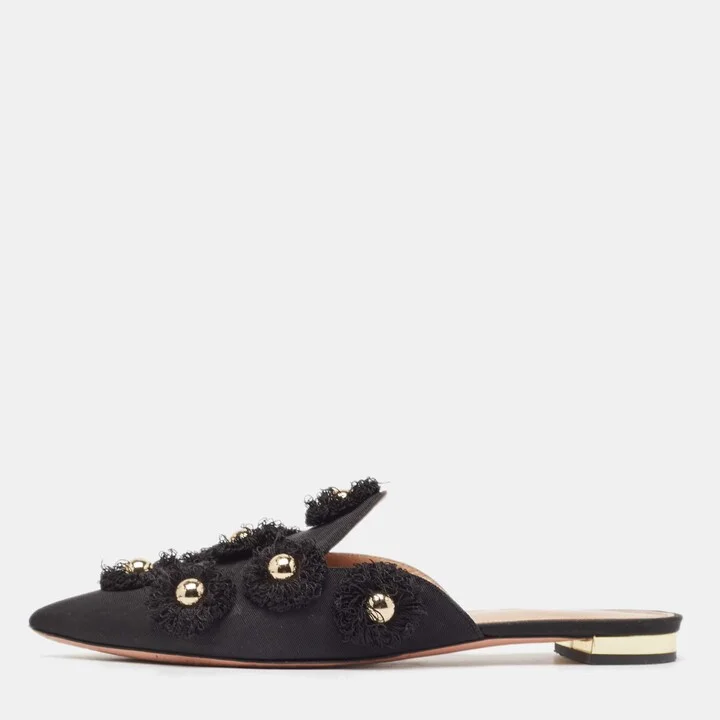 Aquazzura Black Canvas Sunflower Mules Size 36