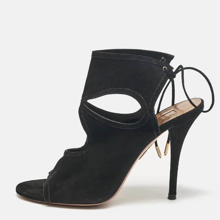 Aquazzura Black Cutout Suede Sexy Thing Peep Toe Sandals Size 37.5