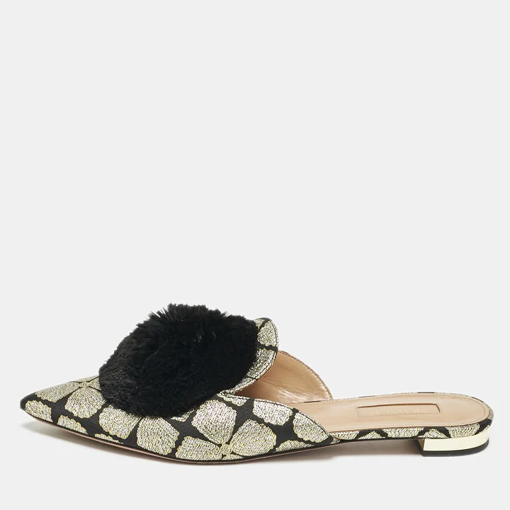 Aquazzura Black/Gold Floral Lurex Fabric Powder Puff Pom Pom Flat Mules Size 39