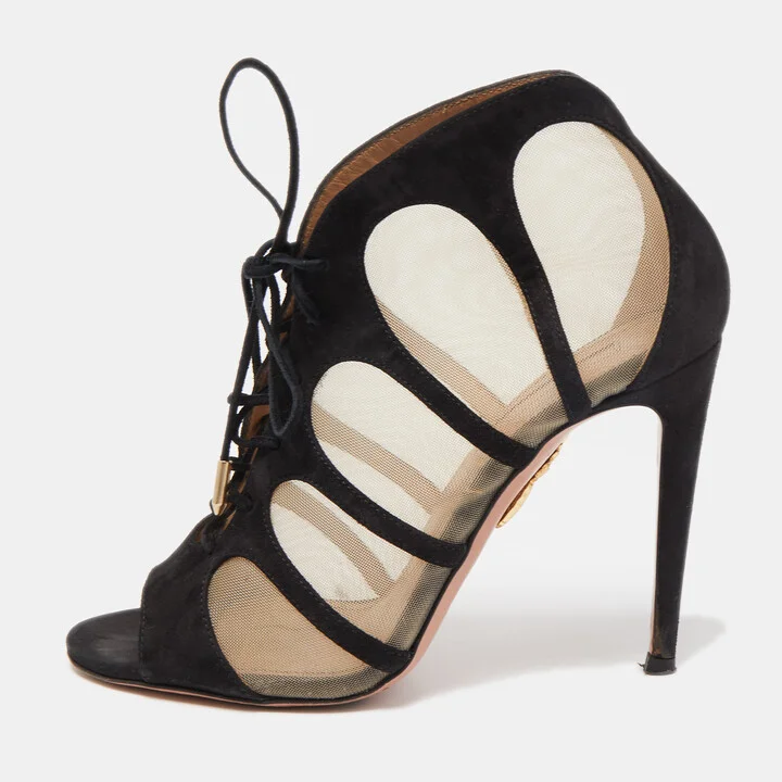 Aquazzura Black Lace And Suede Lace Up Booties Size 36.5