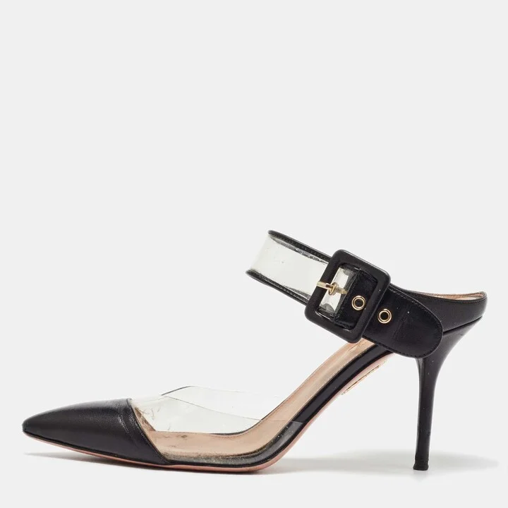 Aquazzura Black Leather and PVC Optic Buckle Pointed Toe Mules Size 39