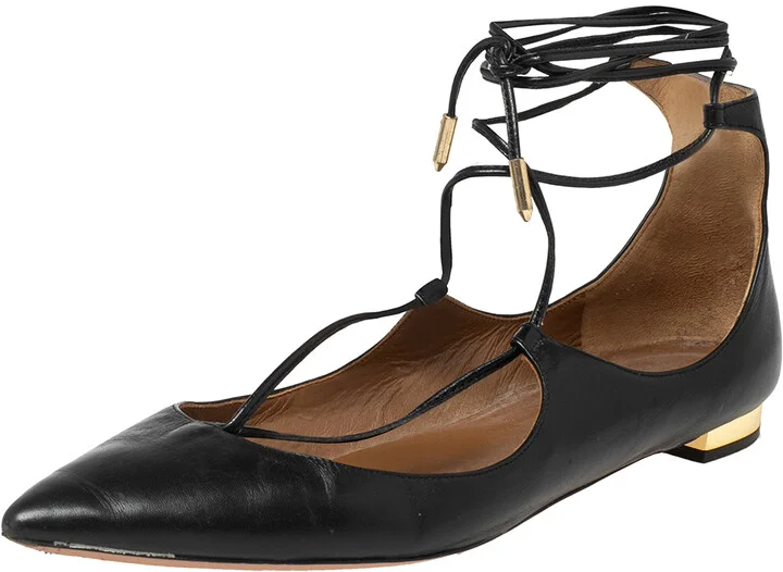 Aquazzura Black Leather Christy Ankle-Wrap Ballet Flats Size 36.5