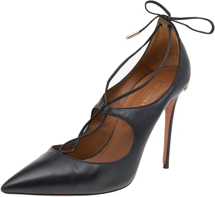 Aquazzura Black Leather Christy Lace Ankle Wrap Pumps Size 38.5