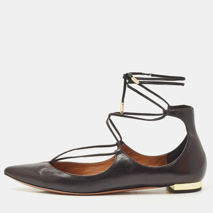 Aquazzura Black Leather Christy Lace Up Pointed Toe Ballet Flats Size 39