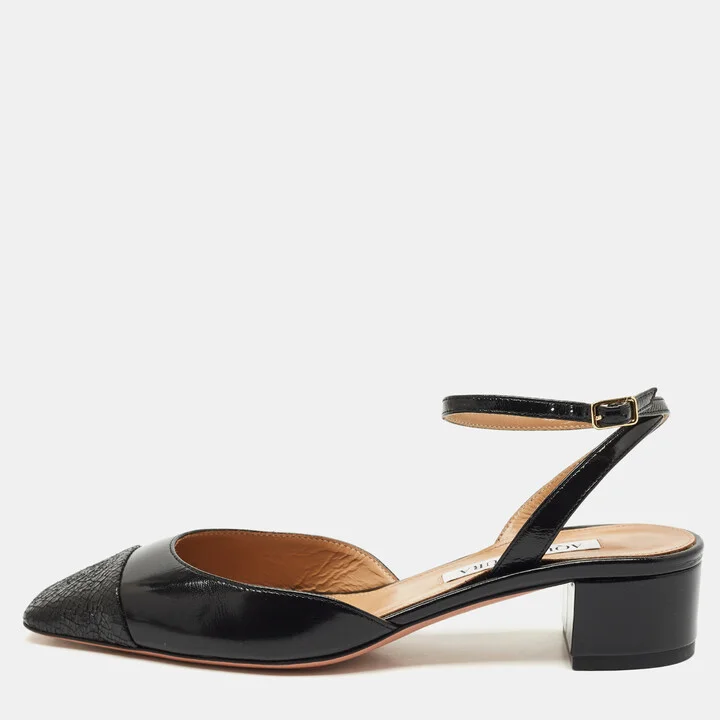 Aquazzura Black Leather French Flirt Ankle Strap Pumps Size 37