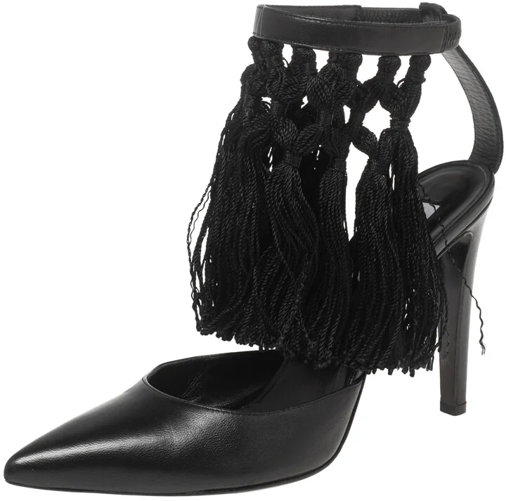 Aquazzura Black Leather Fringe Ankle Strap Sandals Size 38.5