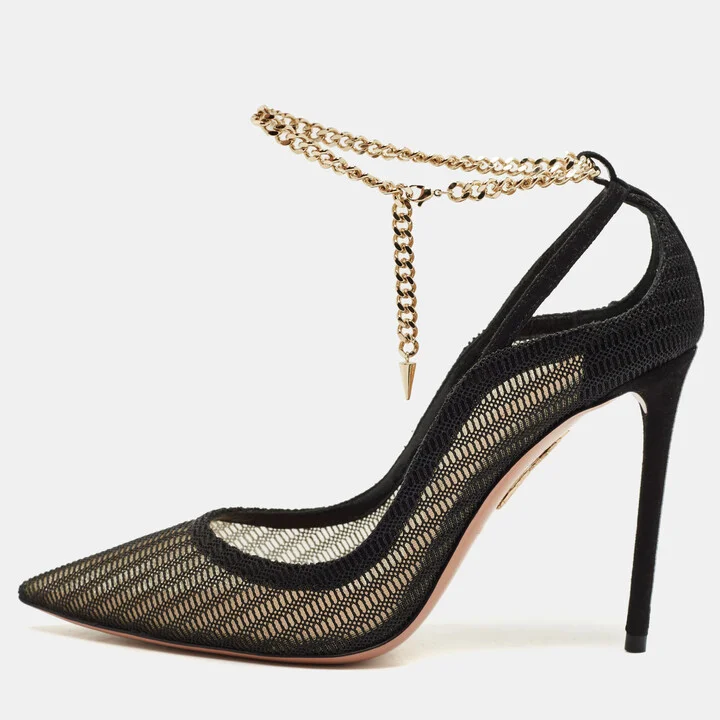 Aquazzura Black Mesh And Suede Bond Street Ankle Chain Pointed Toe Pumps Size 38