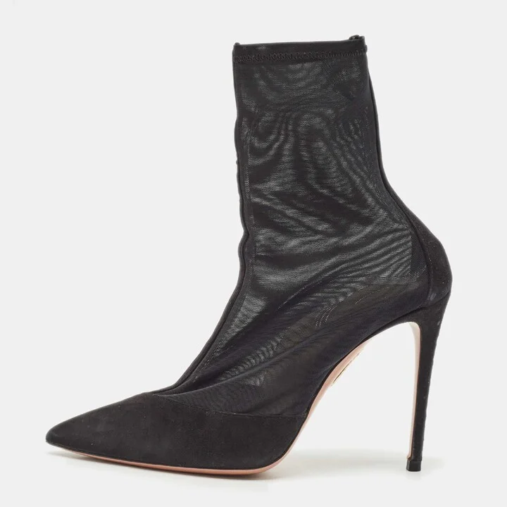Aquazzura Black Mesh and Suede Pointed Toe Hot Stuff Ankle Booties Size 37