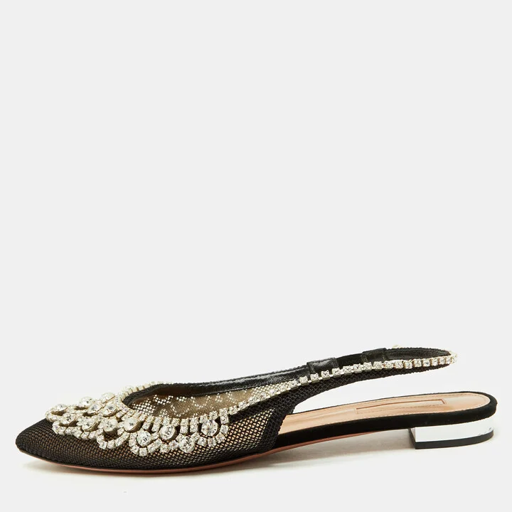 Aquazzura Black Mesh Crystal Embellished Marahani Slingback Flats Size 38