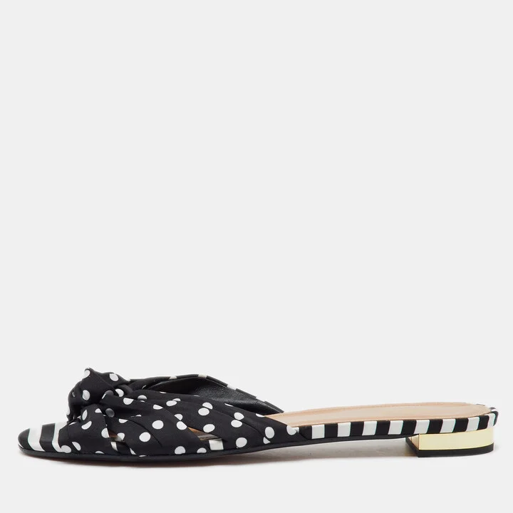 Aquazzura Black Polka Dot Print Fabric Knot Flat Slide Sandals Size 40