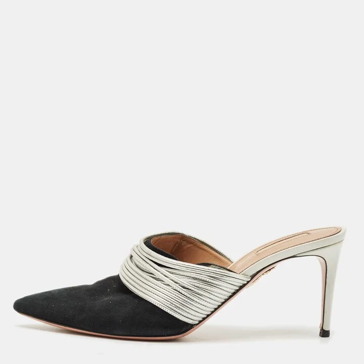 Aquazzura Black/Silver Suede and Leather Rendez Vous Mules Size 42