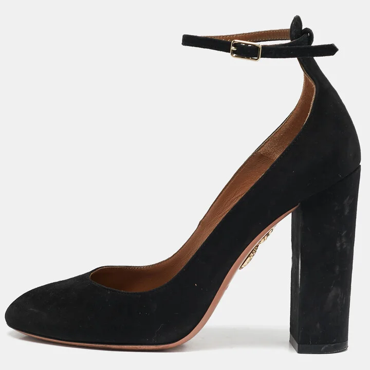 Aquazzura Black Suede Alix Ankle Strap Pumps Size 37