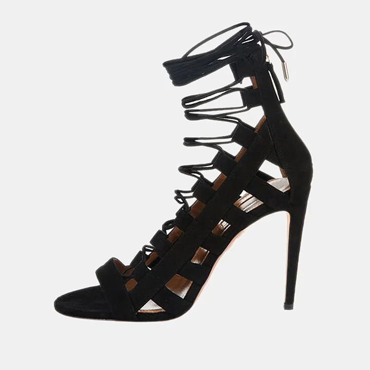 Aquazzura Black Suede Amazon Lace Up Open Toe Sandals Size 38.5