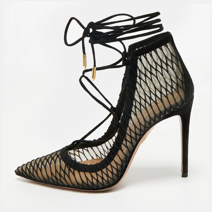 Aquazzura Black Suede and Mesh Ankle Tie Boots Size 36