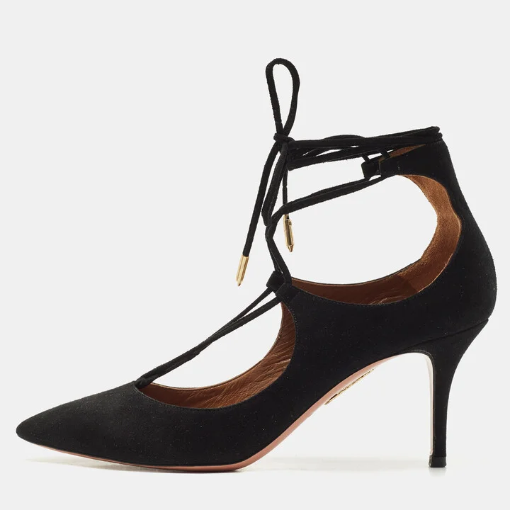 Aquazzura Black Suede Christy Pointed Toe Ankle Wrap Pumps Size 37