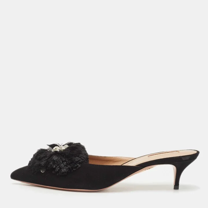 Aquazzura Black Suede Crystal Embellished Lotus Mules Size 40